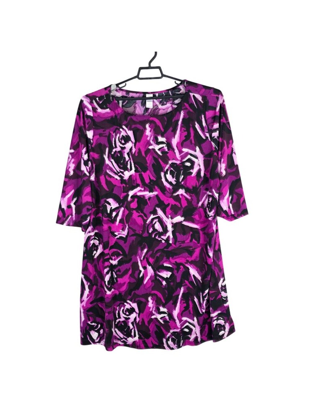 Womens Purple & Black Floral Print Tunic Dress 3/4 Sleeves Polyester Stretch 2X